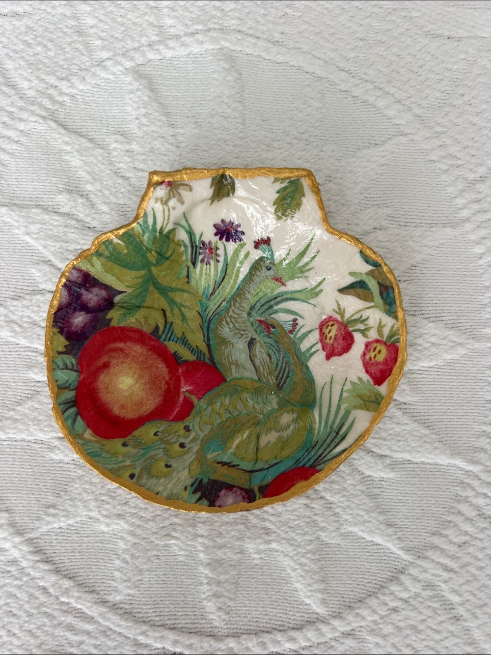 Green Peacock Decoupaged Scallop Shell Trinket Dish with Gold Trim Accent